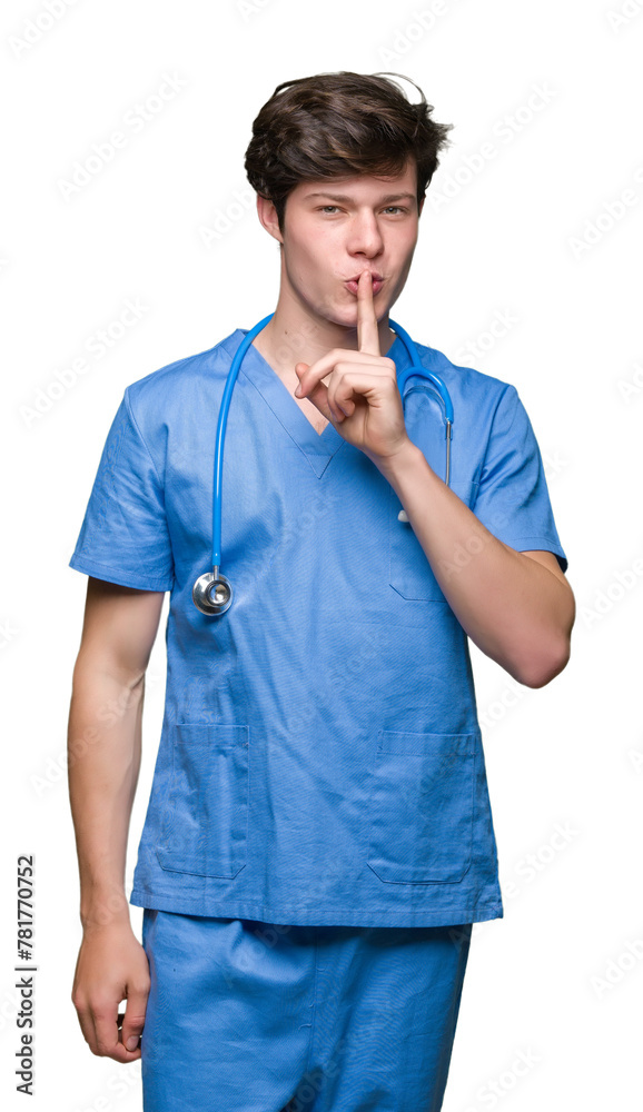 Young doctor wearing medical uniform over isolated background asking to be quiet with finger on lips. Silence and secret concept. Young doctor wearing medical uniform over isolated background asking to be quiet with finger on lips. Silence and secret concept.