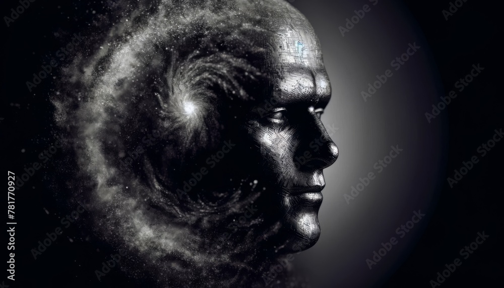 Black and white profile of a person with a universe within, symbolizing deep contemplation and cosmic consciousness