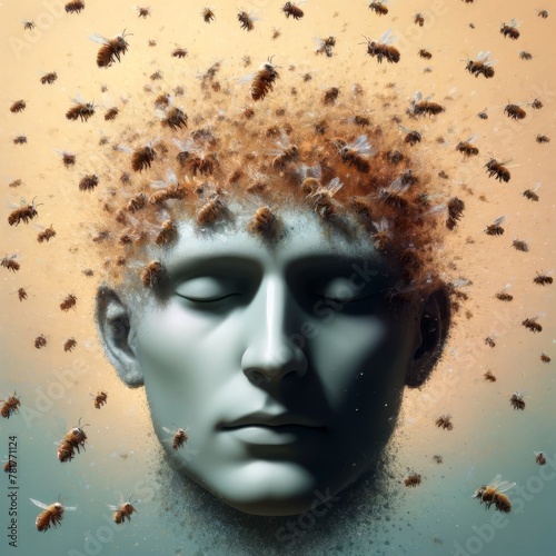 Swarm of bees covering a monochrome head sculpture, depicting concepts of mental health, anxiety, and swarming thoughts in a conceptual artwork photo