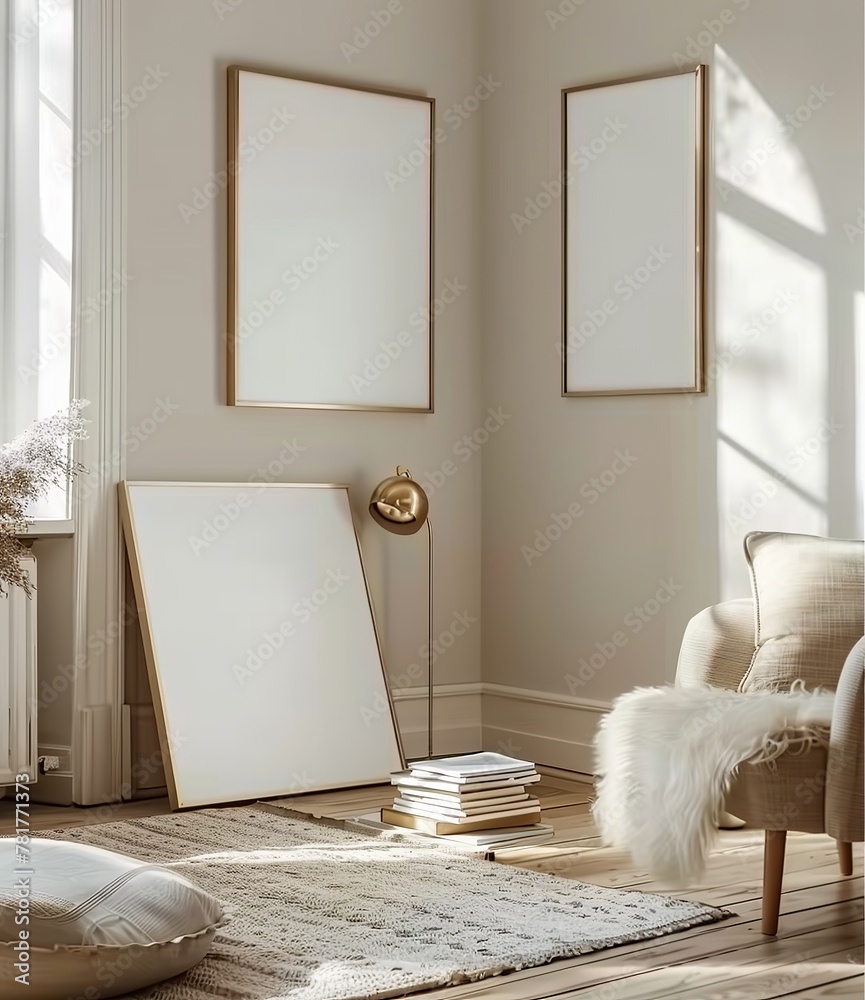 Mockup frame set in modern home interior background, 3d render. Made with generative AI technology Mockup frame set in modern home interior background, 3d render. Made with generative AI technology
