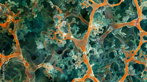 A vibrant colorenhanced photograph of a fungal mycelium immersed in a sea of green microorganisms. The branching interconnected filaments