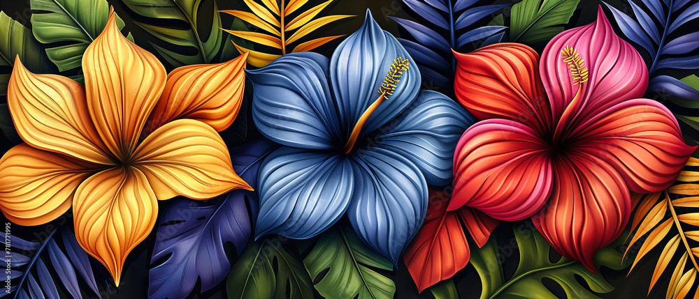 Exotic Tropical Flowers, Bright and Colorful Nature Pattern, Vibrant Summer Flora, Artistic Design Exotic Tropical Flowers, Bright and Colorful Nature Pattern, Vibrant Summer Flora, Artistic Design