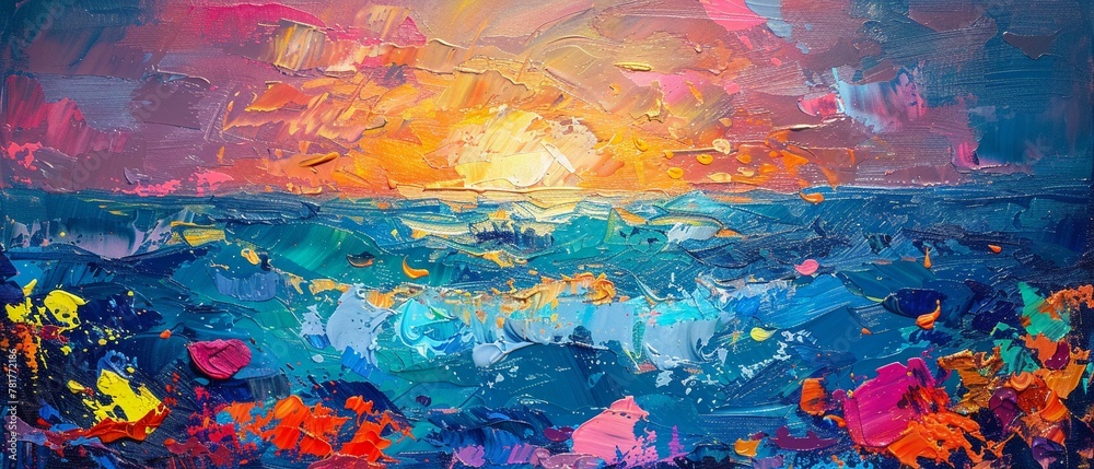 Colorful abstract painting of the ocean with marine animals in a summer style, palette knife oil on a lively background, with dramatic lighting and vivid accents