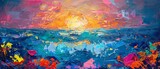 Colorful abstract painting of the ocean with marine animals in a summer style, palette knife oil on a lively background, with dramatic lighting and vivid accents