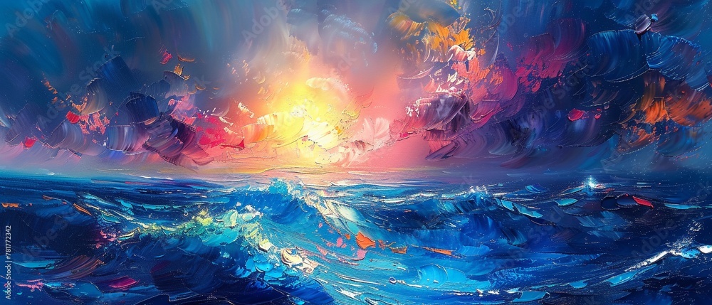 Vibrant, abstract oil painting of a summer ocean scene with marine animals, using a palette knife, on a dynamic background with intense lighting and colorful highlights