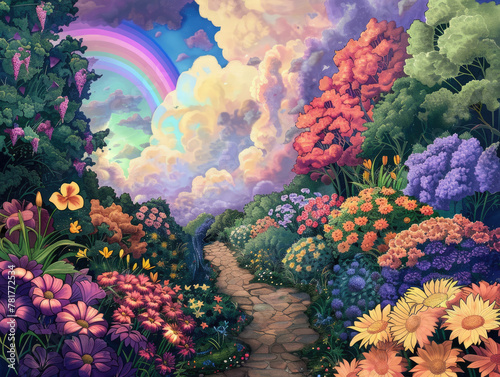 Magical Floral Garden with Rainbow Sky