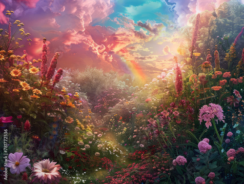 Whimsical Flower Filled Garden, Rainbow Sky
