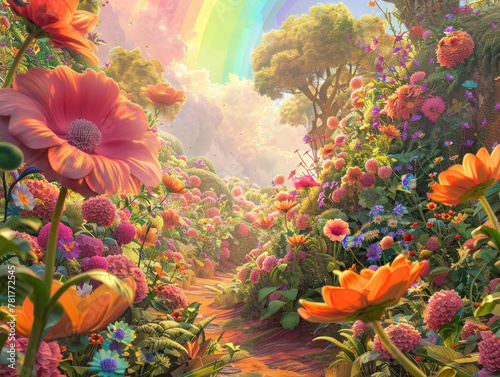 Magical Flower Garden Framed by Rainbow Heavens