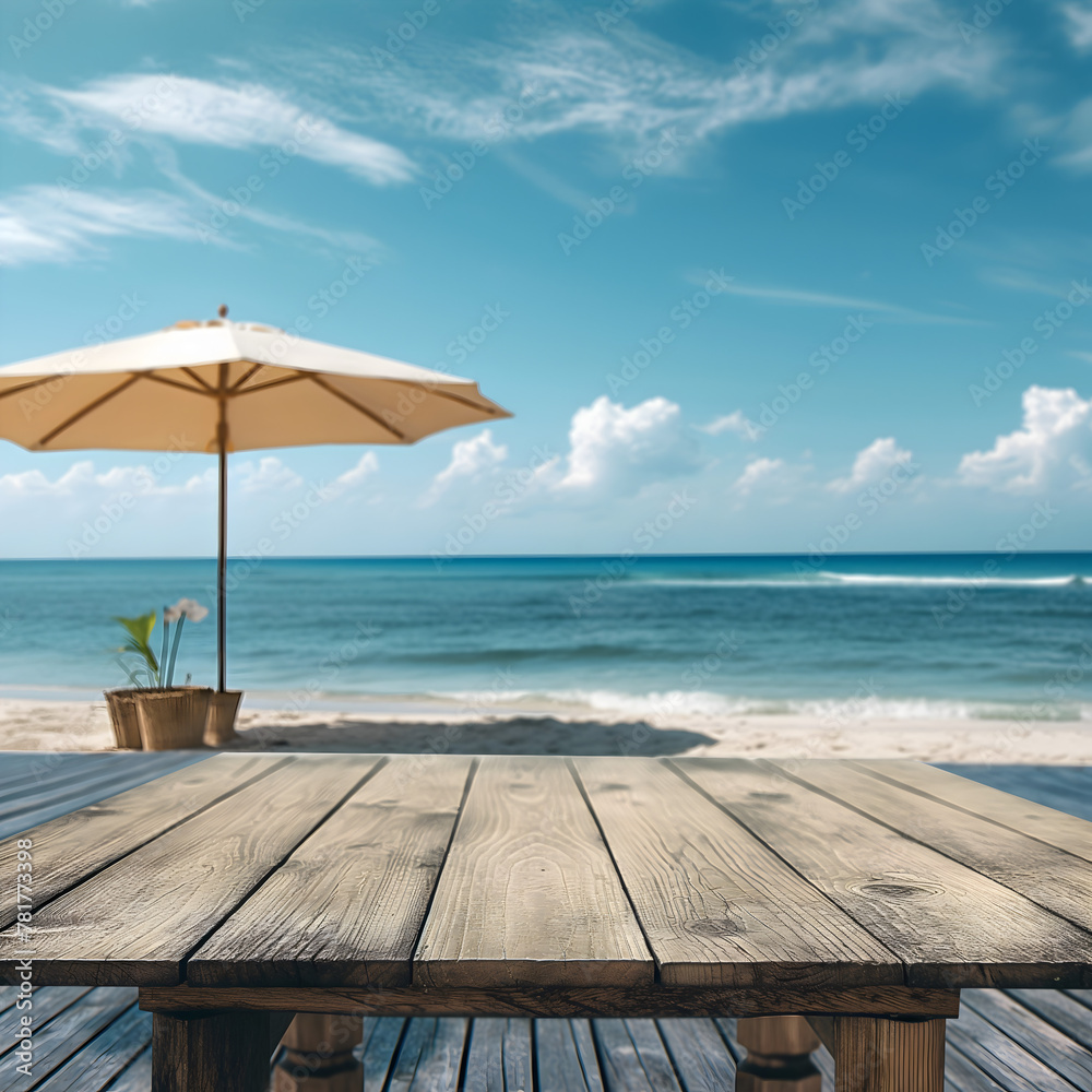 Wood table set summer blurred beach background. Wood table set summer blurred beach background.