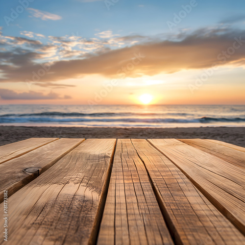Wood table set sunrise on summer.