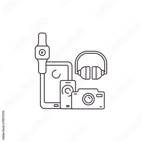 Vector linear icon with household appliances and electronics on a white background. photo