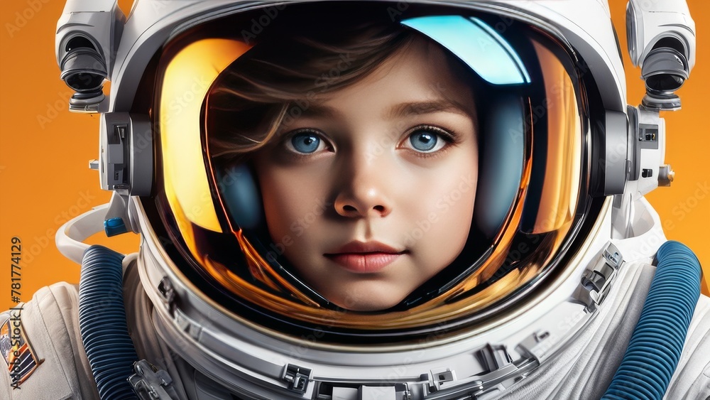 Close-up photo of a child in a cosmonaut costume. A child astronaut, shot in close-up. Close-up photo of a child in a cosmonaut costume. A child astronaut, shot in close-up.