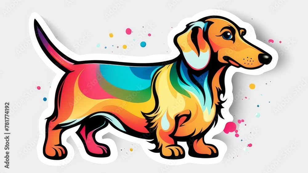 Sticker with dachshund in watercolor style. Hand drawn child watercolor illustration.