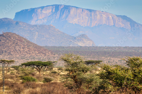 Mount Ololokwe,sacred to the local Samburu tribe dominates the vast Samburu reserve seen here in the panoramic view at the Buffalo Springs Reserve in Kenya photo