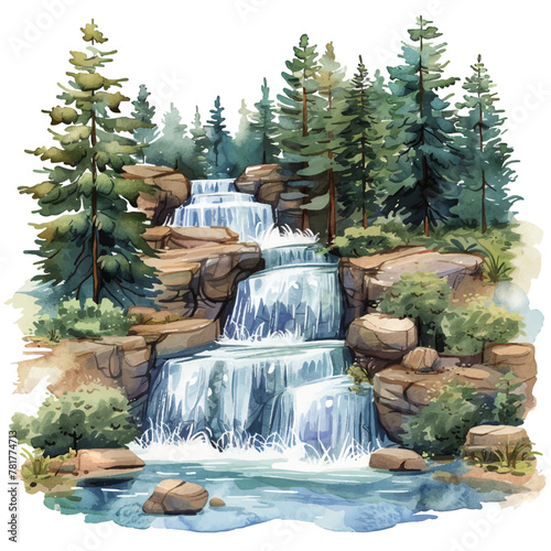 forest waterfall vector illustration in watercolour style