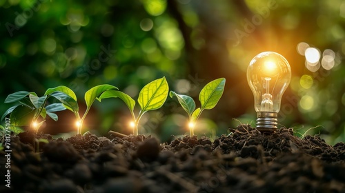 Sustainable innovation and growth concept. Light bulb sprouting from soil, organic growth fueled by new ideas.