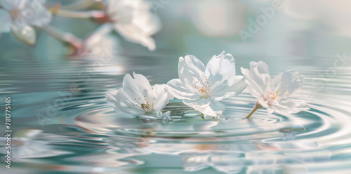 A serene spring background with delicate cherry blossoms floating on the water, creating ripples and reflections