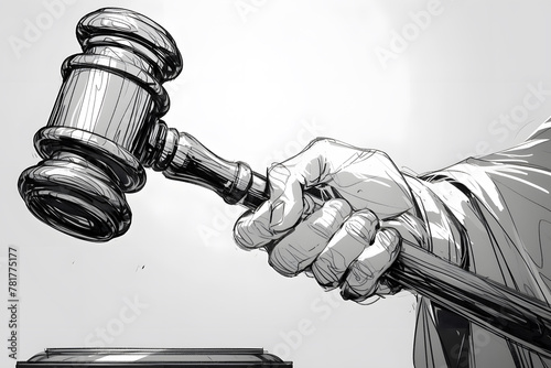 The judge holds the gavel to decide the case.Black and white drawing.