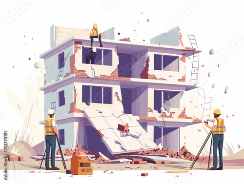 Civil Engineering Team Assessing Earthquake Damage with Structural Analysis and Recommending Repairs: An Animated Illustration for Engineering, Construction, and Disaster Relief