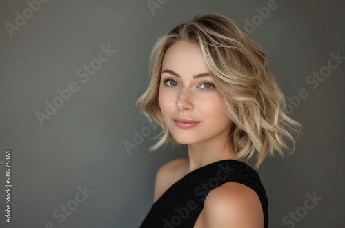 Photo of an attractive blonde woman with shoulder-length hair, posing for the camera and smiling at it