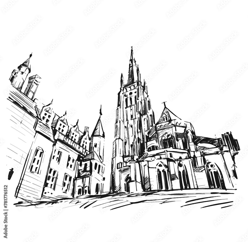 Drawing of Wide angle upside view at Church of Our Lady Bruges in Brugge, Belgium