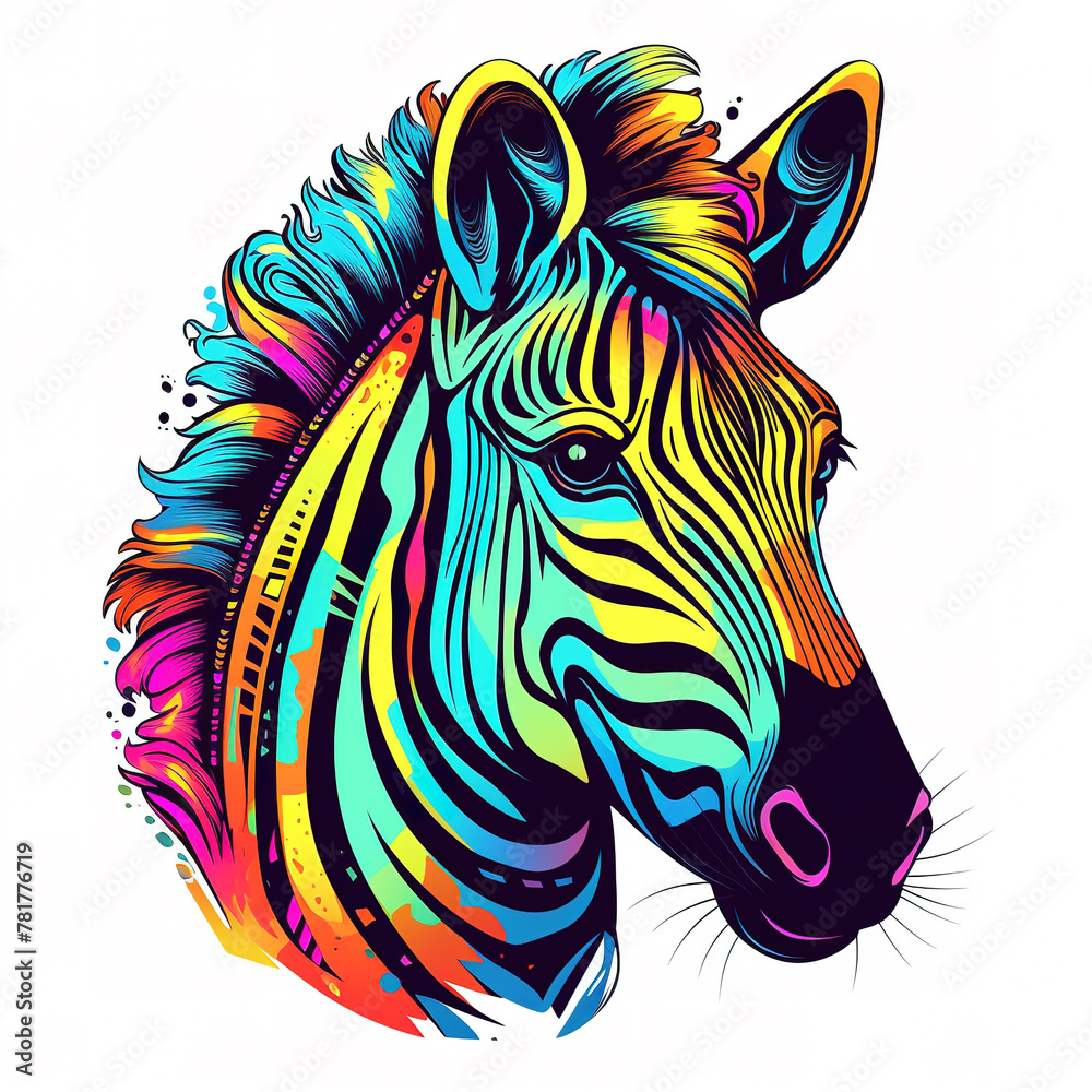 Obraz premium Colorful zebra head on white background on white background. Wild Animals. Illustration, Generative AI.