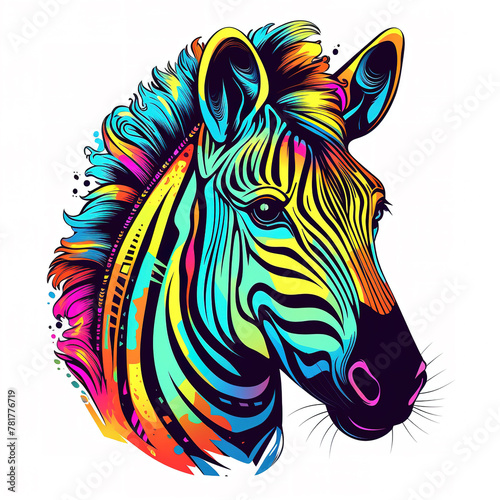 Colorful zebra head on white background on white background. Wild Animals. Illustration, Generative AI.