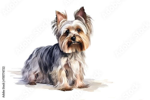 Watercolor painting of adorable yorkshire terrier puppy, isolated and cute, showcasing its small size and purebred features. Pet. Pet. Animals. Illustration, Generative AI.