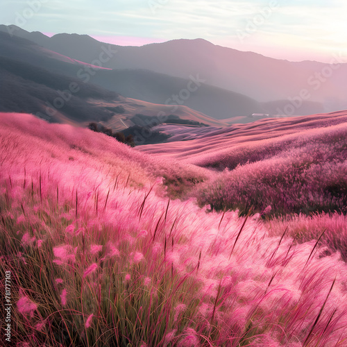 ฺBeautiful pink Hairawn muhly landscape on a hill. photo