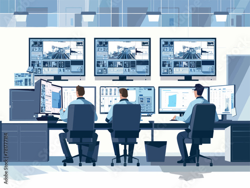 Animated Vigilant Bank Security Personnel Monitoring Surveillance Cameras for Branch Protection