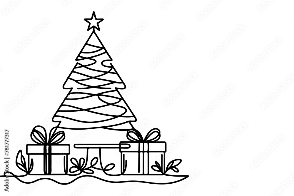one Continuous black line art drawing of Merry Christmas tree. Hand drawn of Santa Claus outline doodle vector illustration on white background one Continuous black line art drawing of Merry Christmas tree. Hand drawn of Santa Claus outline doodle vector illustration on white background