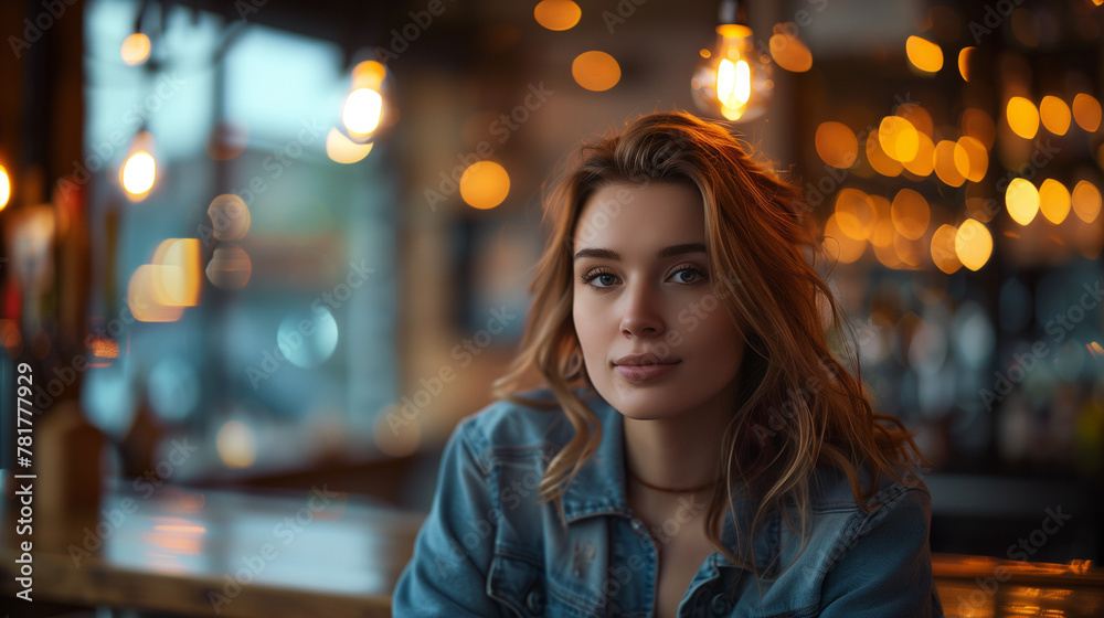 Casual Chic Young Woman in Denim at Coffee Bar, Urban Trendy Persona