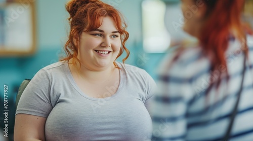 A overweight and obese red head modest woman is restoring her mental health in a support group with a psychologist. Mental health problems, proper nutrition, diabetes photo