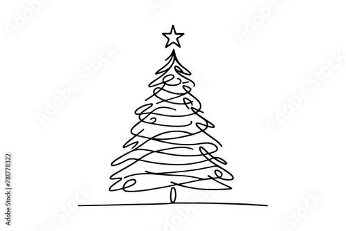 Hand drawn Christmas tree outline doodle vector. Continuous one black line drawing of Merry Christmas pine tree minimalistic design illustration on white background