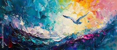 Colorful abstract painting of the ocean with marine animals in a summer style, palette knife oil on a lively background, with dramatic lighting and vivid accents