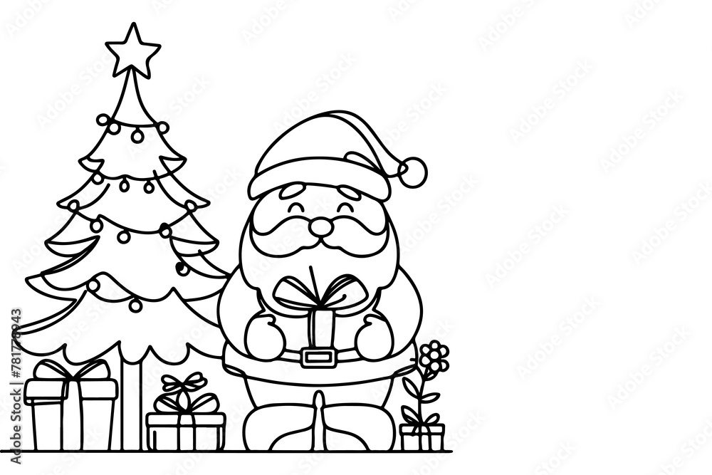 one Continuous black line art drawing of Santa Claus with gift box outline doodle vector illustration on white background one Continuous black line art drawing of Santa Claus with gift box outline doodle vector illustration on white background