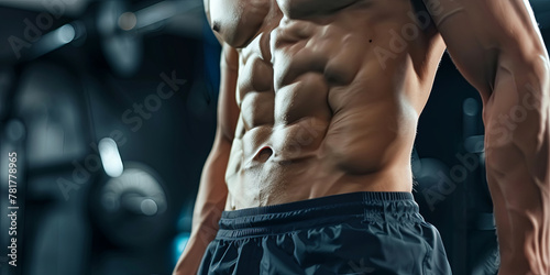 close up of the abdominal muscles young athlete in gym, generative AI
