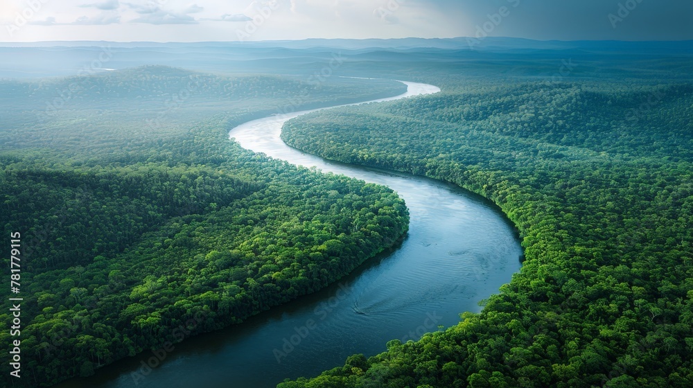 Aerial view of a winding river cutting through a dense, untouched forest, showcasing nature's artistry