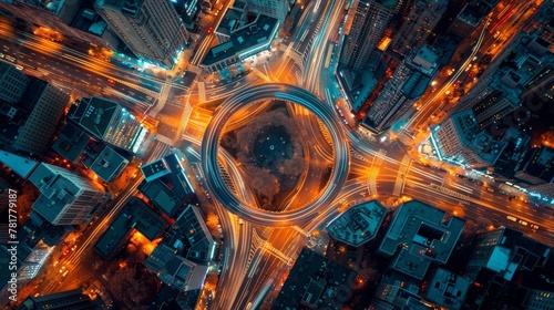 Bird's eye view of a smart city, with digital light trails marking the flow of big data