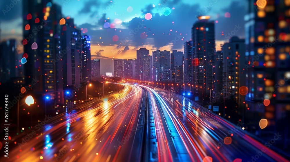 Fototapeta premium Dusk falls over a smart city, speed lines of light illustrate the city's vibrant data network