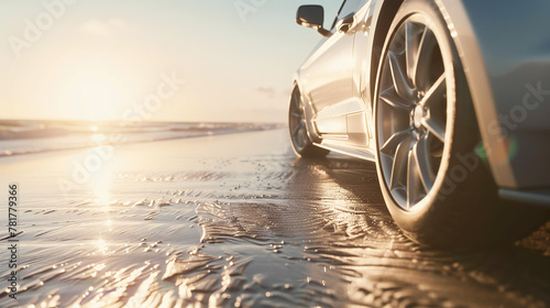 Beachside sunset car trip, shimmering sand textures, travel and leisure concept banner photo