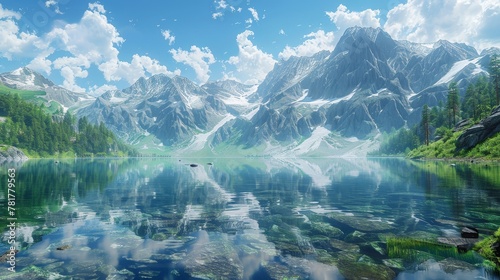 Elevated view of a crystal-clear mountain lake, surrounded by peaks, reflecting the sky above