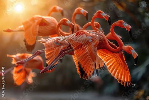 Flock of flamingos taking flight. A symphony of pink fills the air as flamingos gracefully ascend  creating a stunning spectacle.