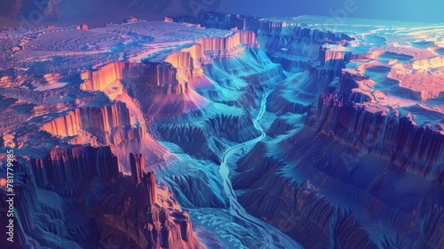 A birds eye view of a canyon with a river flowing through it, showcasing the natural beauty of the landscape.