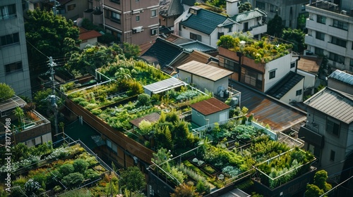 Rooftop gardens in a bustling city, pockets of tranquility and green against the urban backdrop