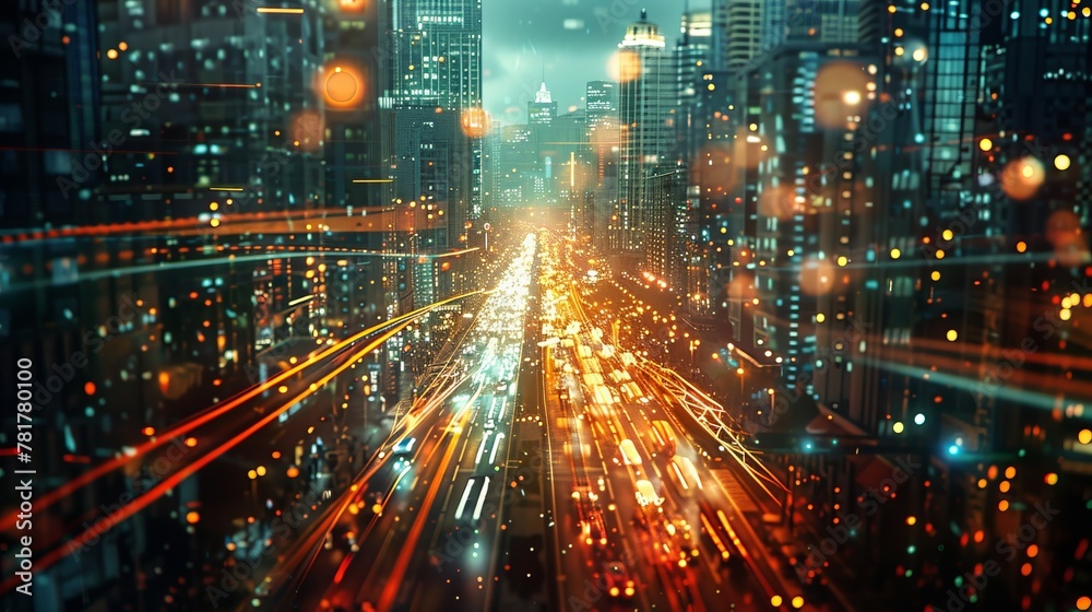 Obraz premium Smart city panorama with pulsating light paths, symbolizing the rapid flow of information