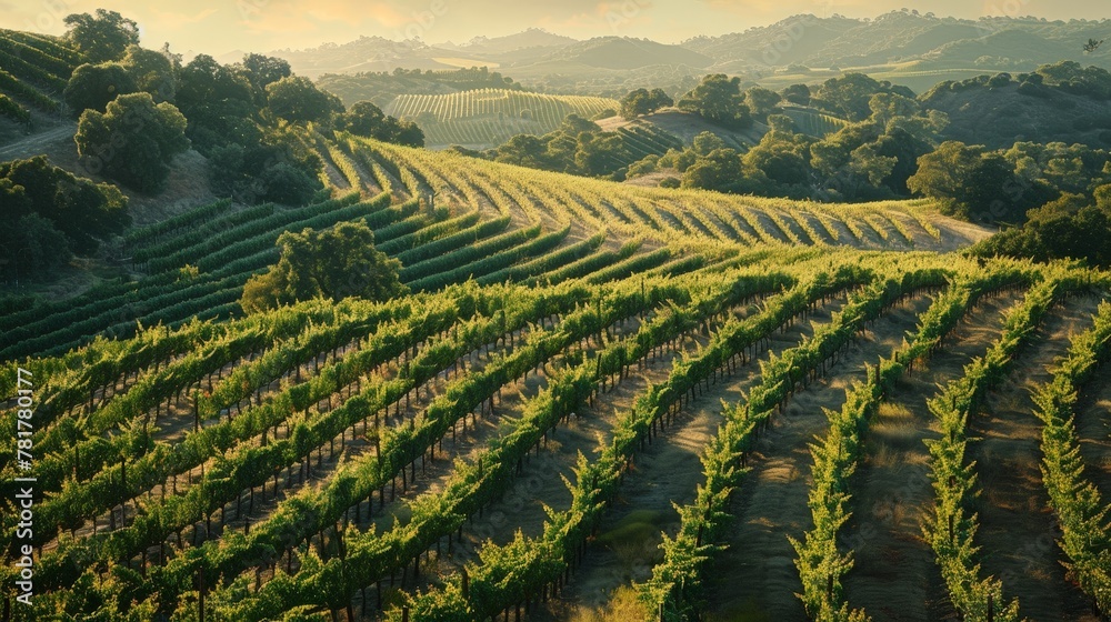 Sprawling vineyards at dusk, rows curving with the terrain, a testament to the wine country's beauty