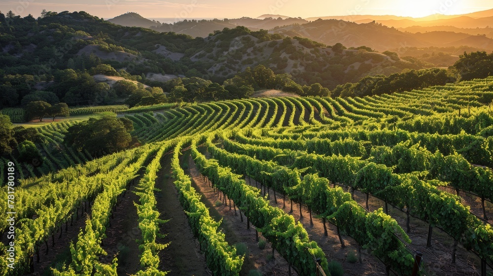 Sprawling vineyards at dusk, rows curving with the terrain, a testament to the wine country's beauty