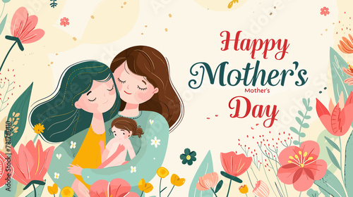 Illustration essence of Mother's Day between a mother and child with floral layers background