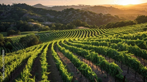 Sprawling vineyards at dusk  rows curving with the terrain  a testament to the wine country s beauty